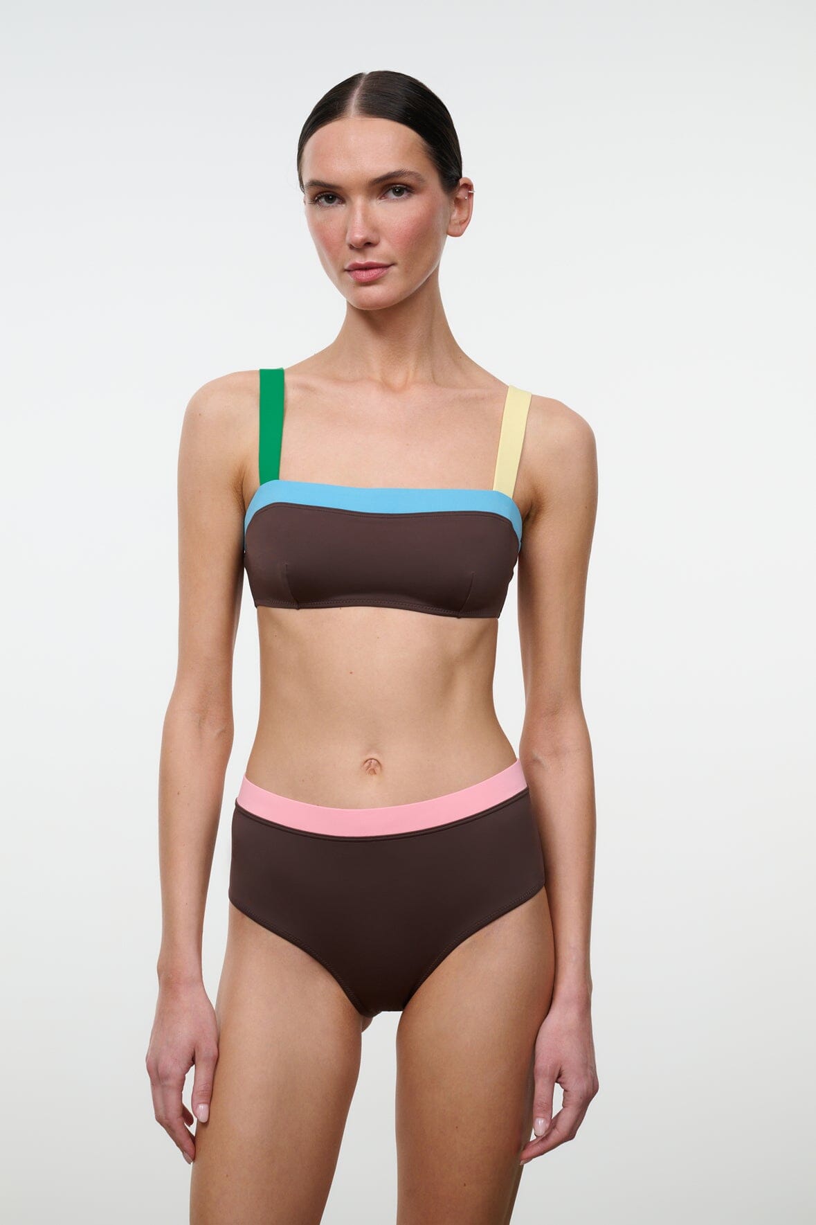 STAUD Swimwear Devon High Rise Bikini Bottom Dark Chocolate Multi