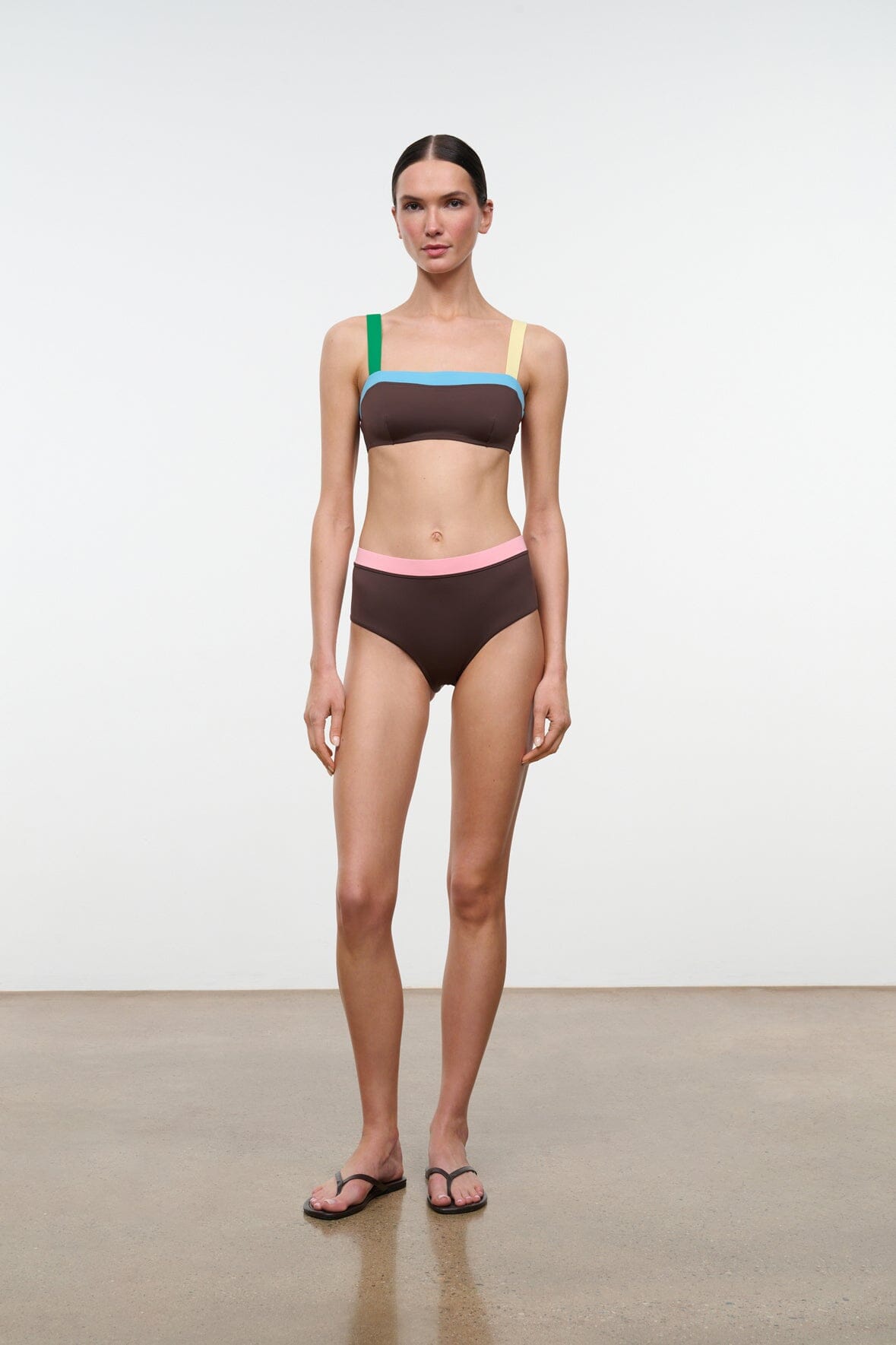 STAUD Swimwear Devon High Rise Bikini Bottom Dark Chocolate Multi
