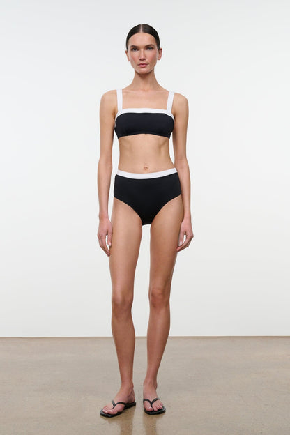 STAUD Swimwear Devon High Rise Bikini Bottom Black White